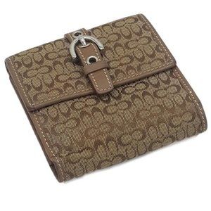 ✔Coach Ashley Signature Logo Small Tan Bifold Wallet Buckle Snap Closure